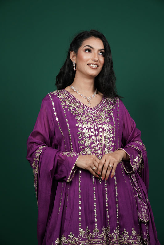 Purple Chiffon Kurti Set with Tulip Pant & Dupatta – Gota Patti Elegance