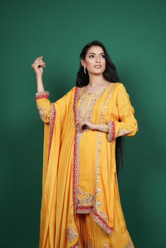 Yellow Chiffon Silk Kurti with Sharara & Dupatta