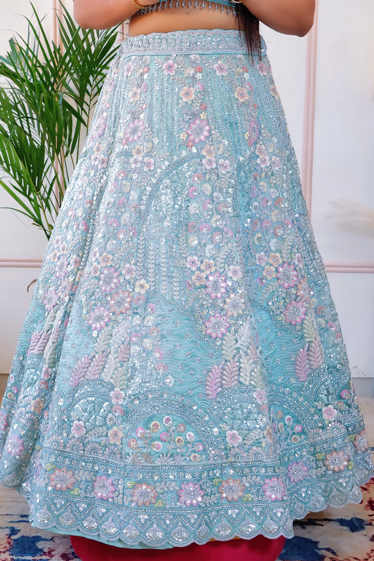 Pastel Mint Green Silk-Georgette Lehenga