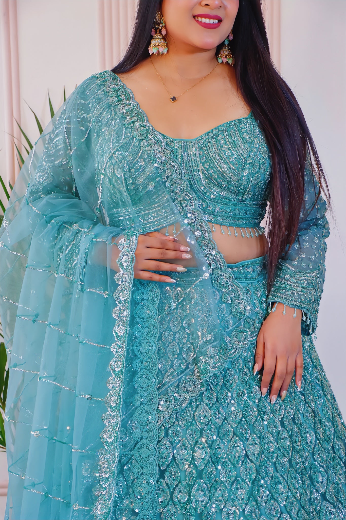 Teal Green Net Lehenga