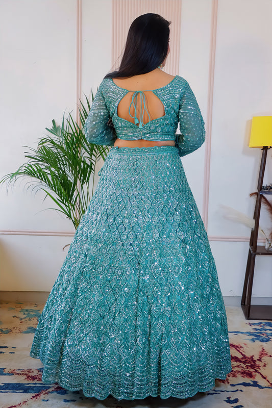 Teal Green Net Lehenga