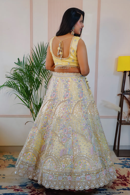 Lemon Yellow Embellished Silk Georgette Lehenga