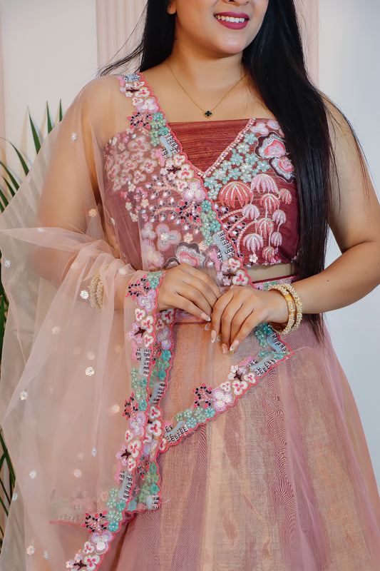 Brown Chinnon Silk - Semi Stitched Lehenga