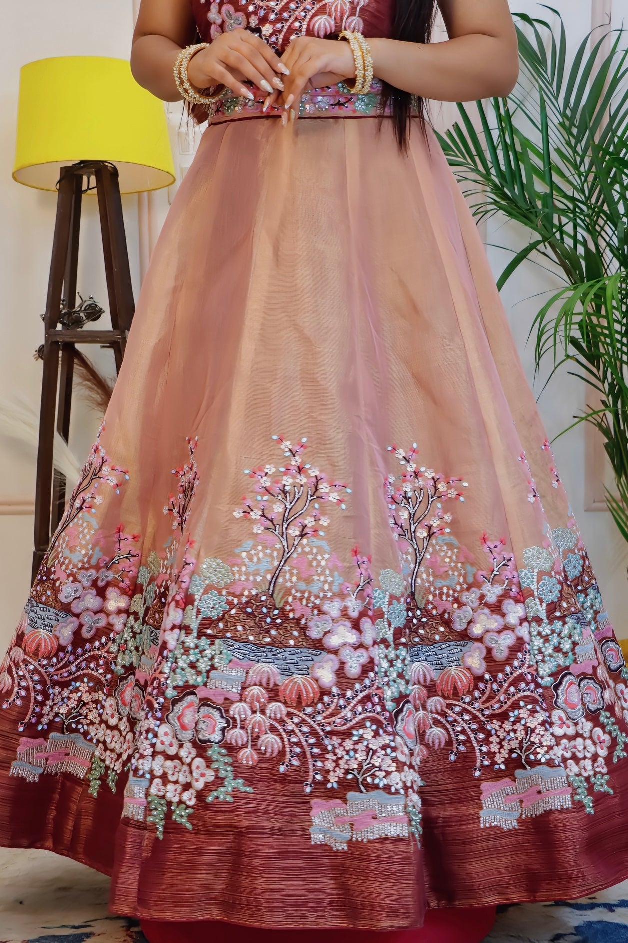 Brown Chinnon Silk - Semi Stitched Lehenga