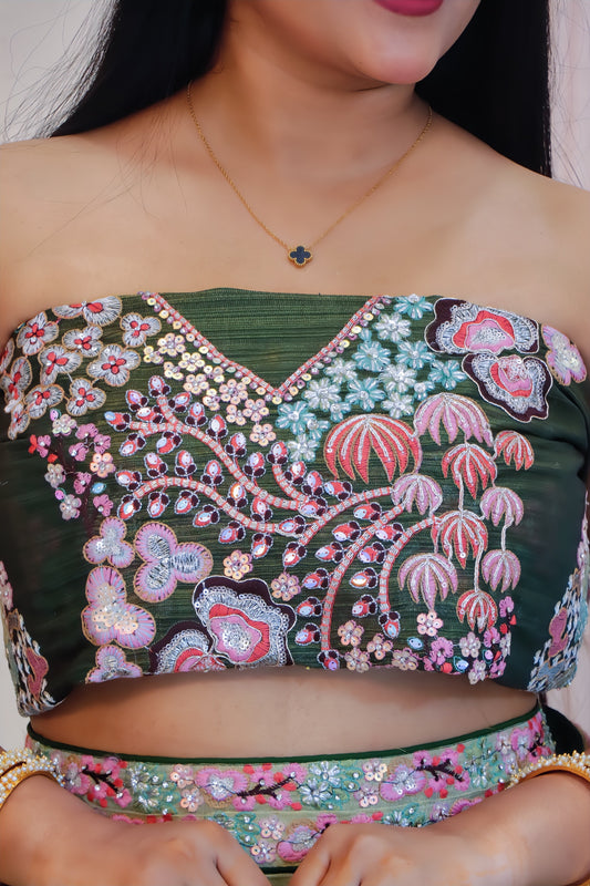 Emerald Green Chinnon Silk Semi-Stitched Lehenga