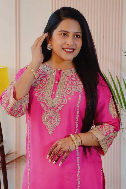 Pink Chanderi Silk Stitched Suit