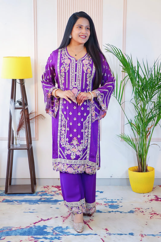 Purple Chiffon Kurti with Palazzo & Dupatta