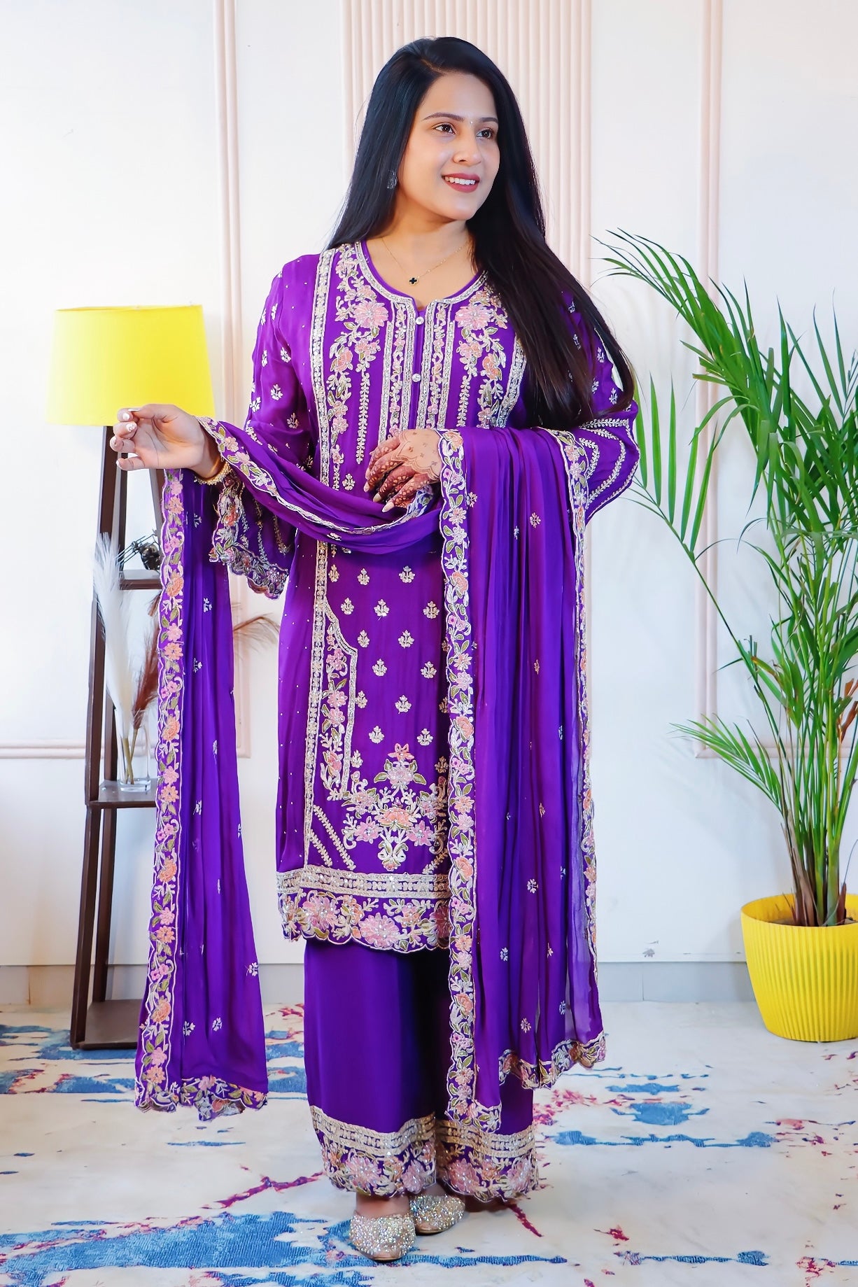 Purple Chiffon Kurti with Palazzo & Dupatta
