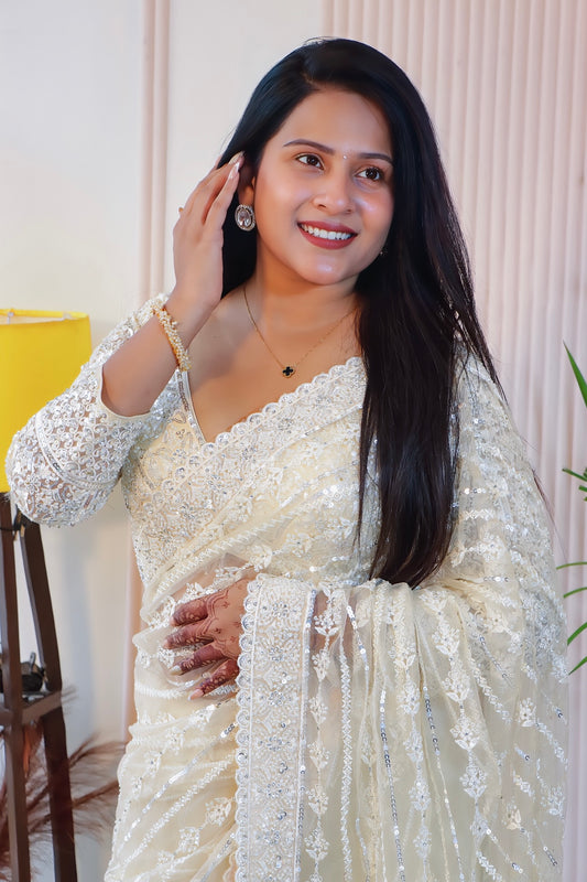 Cream Net Saree