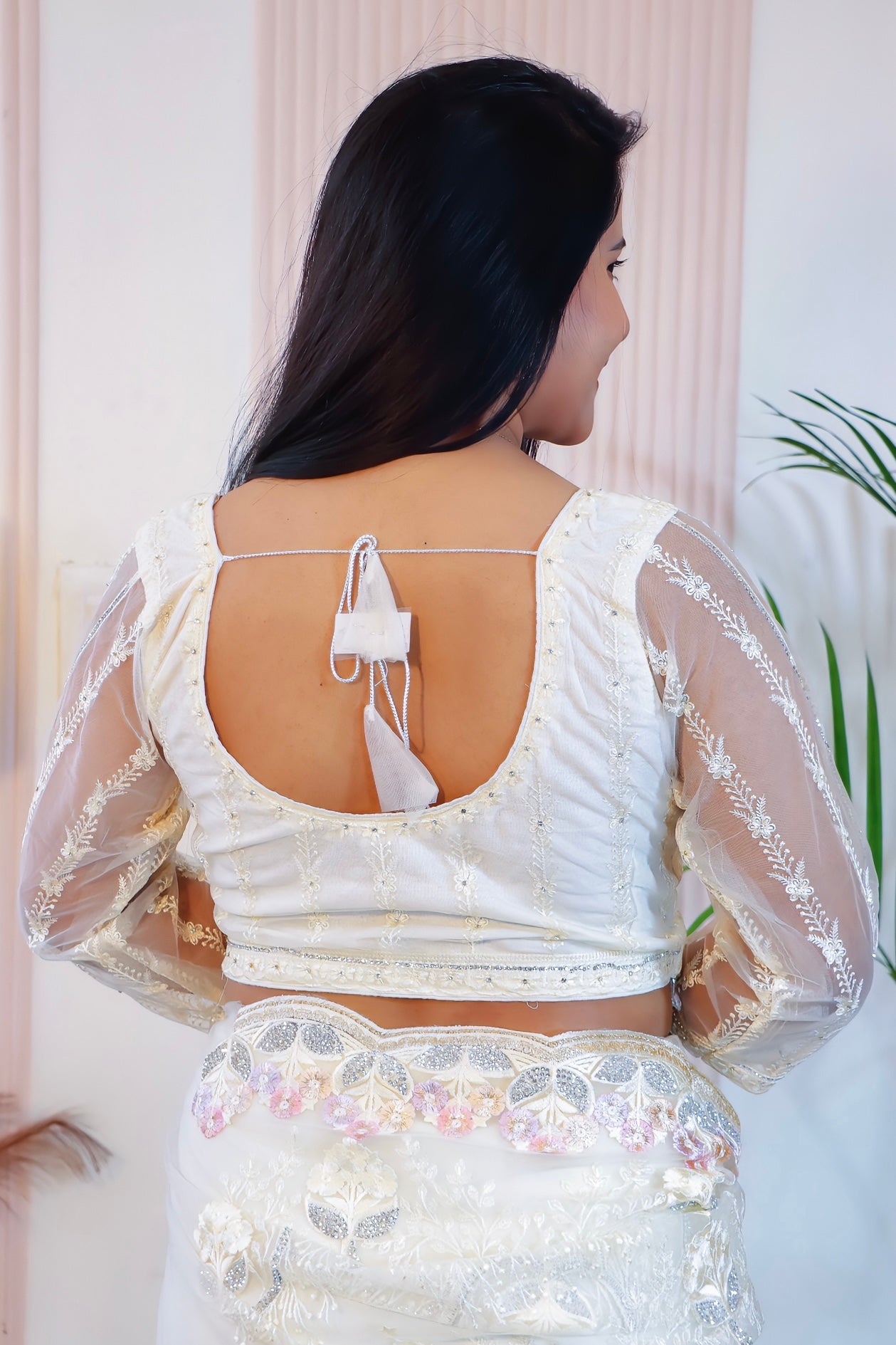 Elegant Cream Net Embroidered Saree