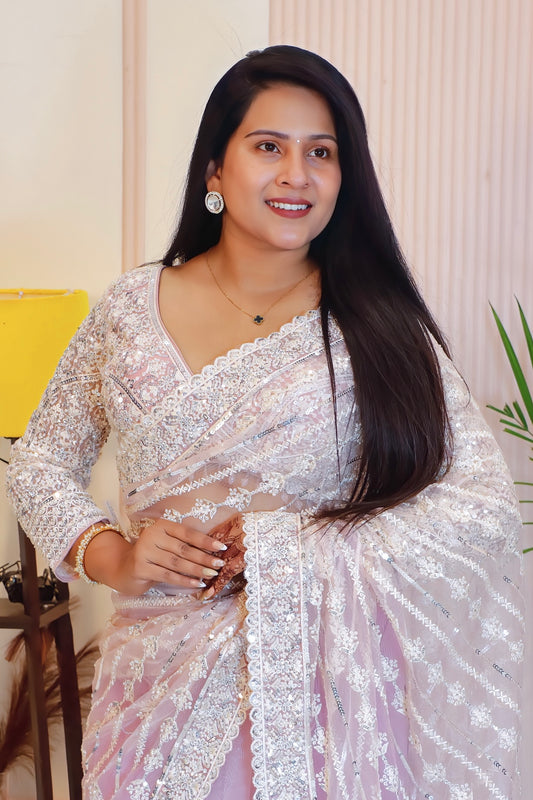 Elegant Pink Net Embroidered Saree