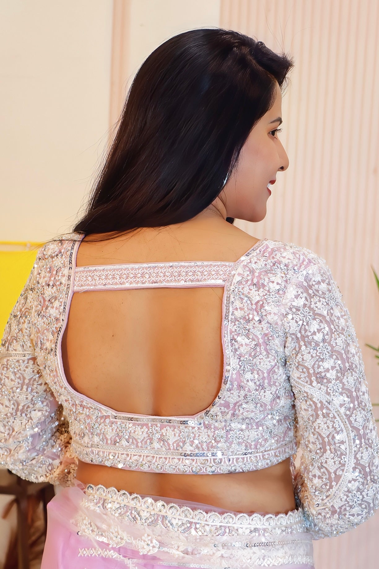 Elegant Pink Net Embroidered Saree