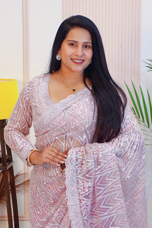 Elegant Pink Net Saree