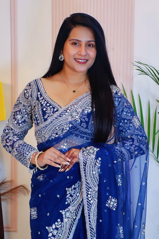 Navy Blue Net Saree