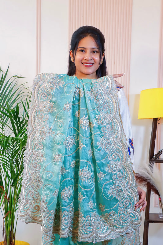 Aqua Blue Satin Silk Saree