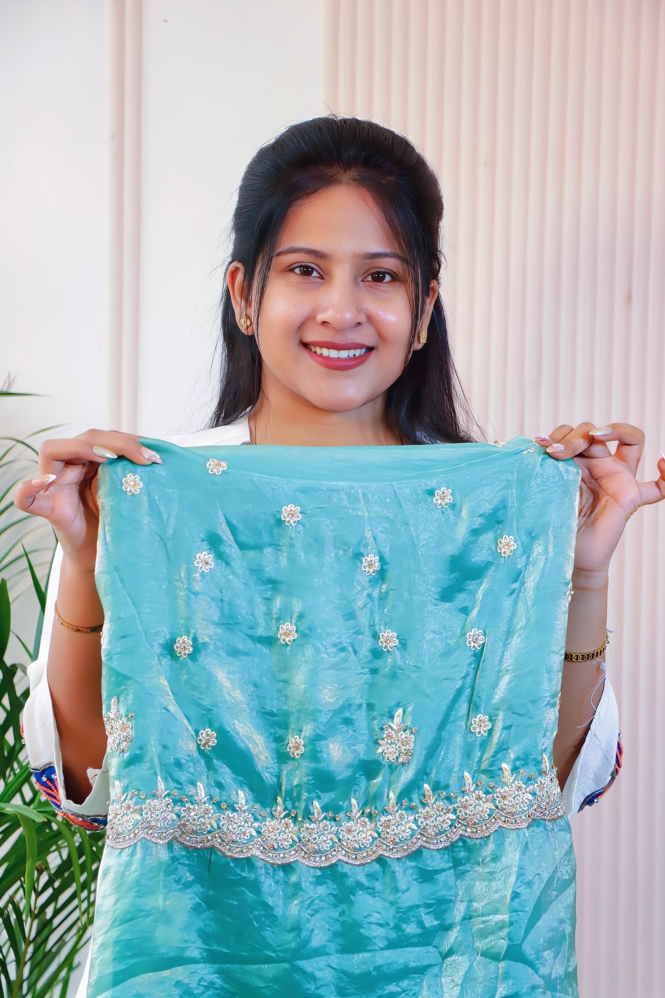 Aqua Blue Satin Silk Saree