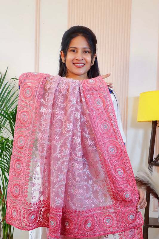 Graceful Pink Net Embroidered Saree