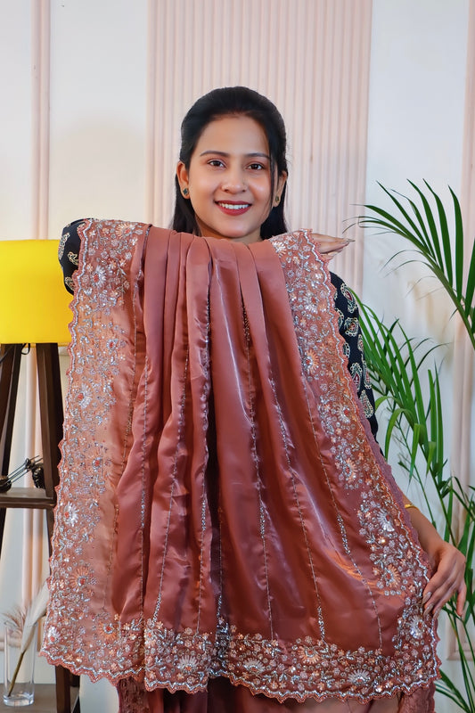 Saddle Brown Satin Unstitched Saree