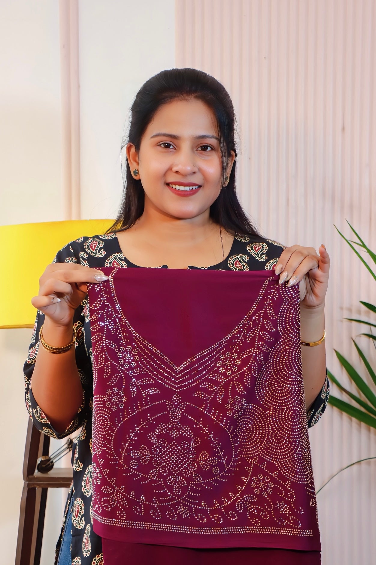 Wine Satin Unstitched Saree