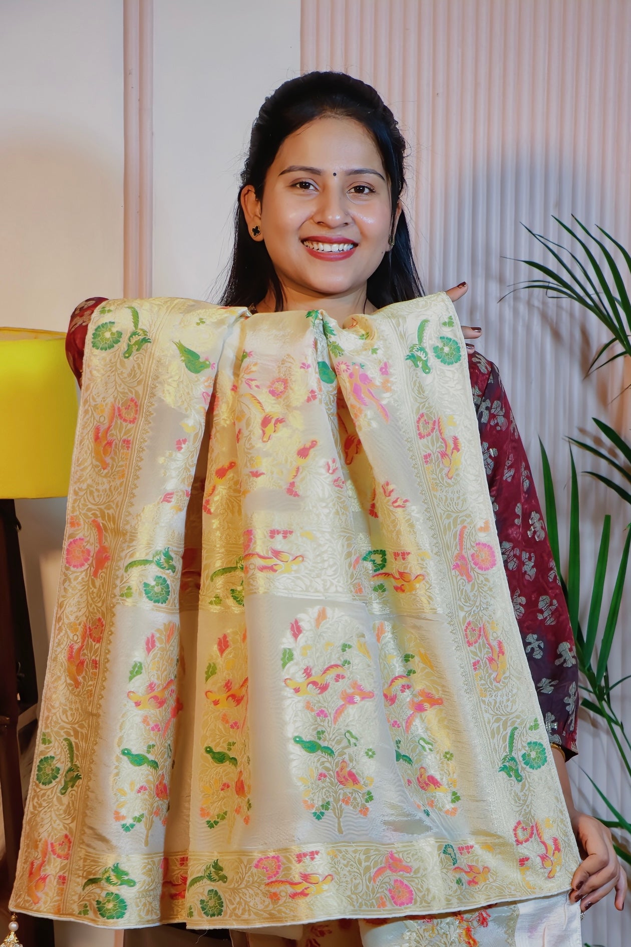 Cream Banarasi Silk Saree