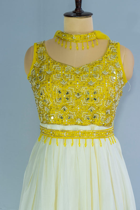 Yellow & White Chiffon Floor-Length Frock with Dupatta