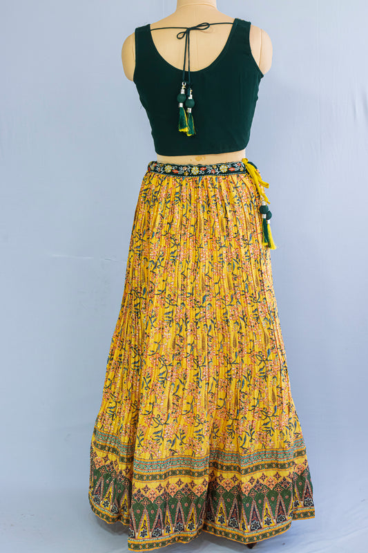 Green & Yellow Georgette Crop Top Lehenga Set