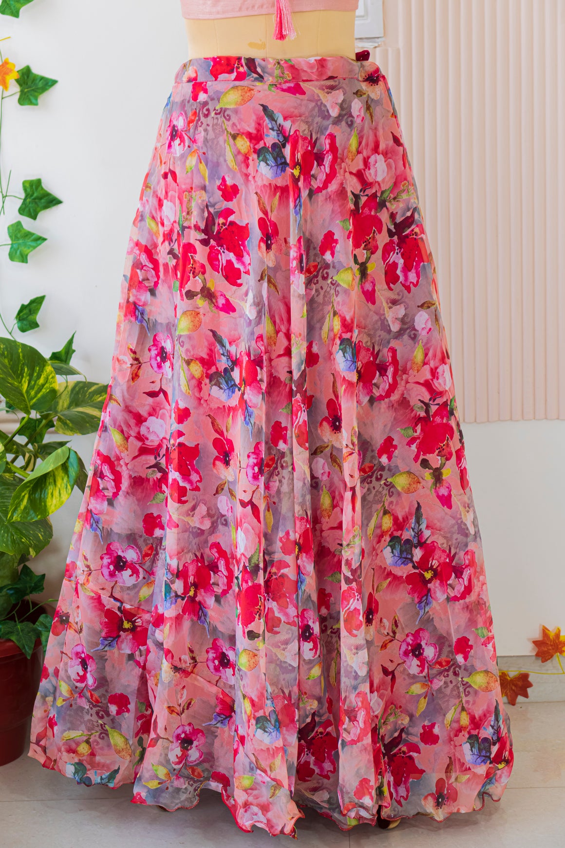 Peach Multicolor Crop Top Lehenga Set