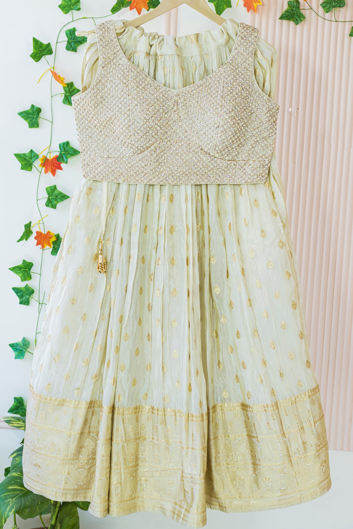 Cream Chanderi Silk Crop Top Lehenga