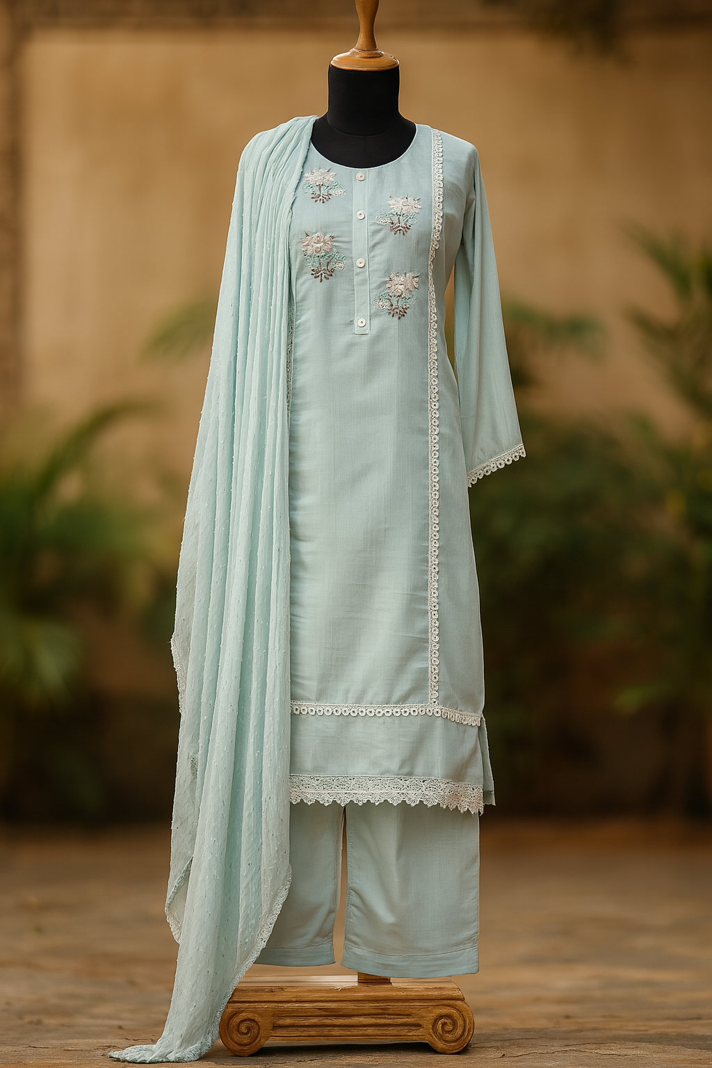 Powder Blue Embroidered Cotton Kurta Set with Lace Detailing