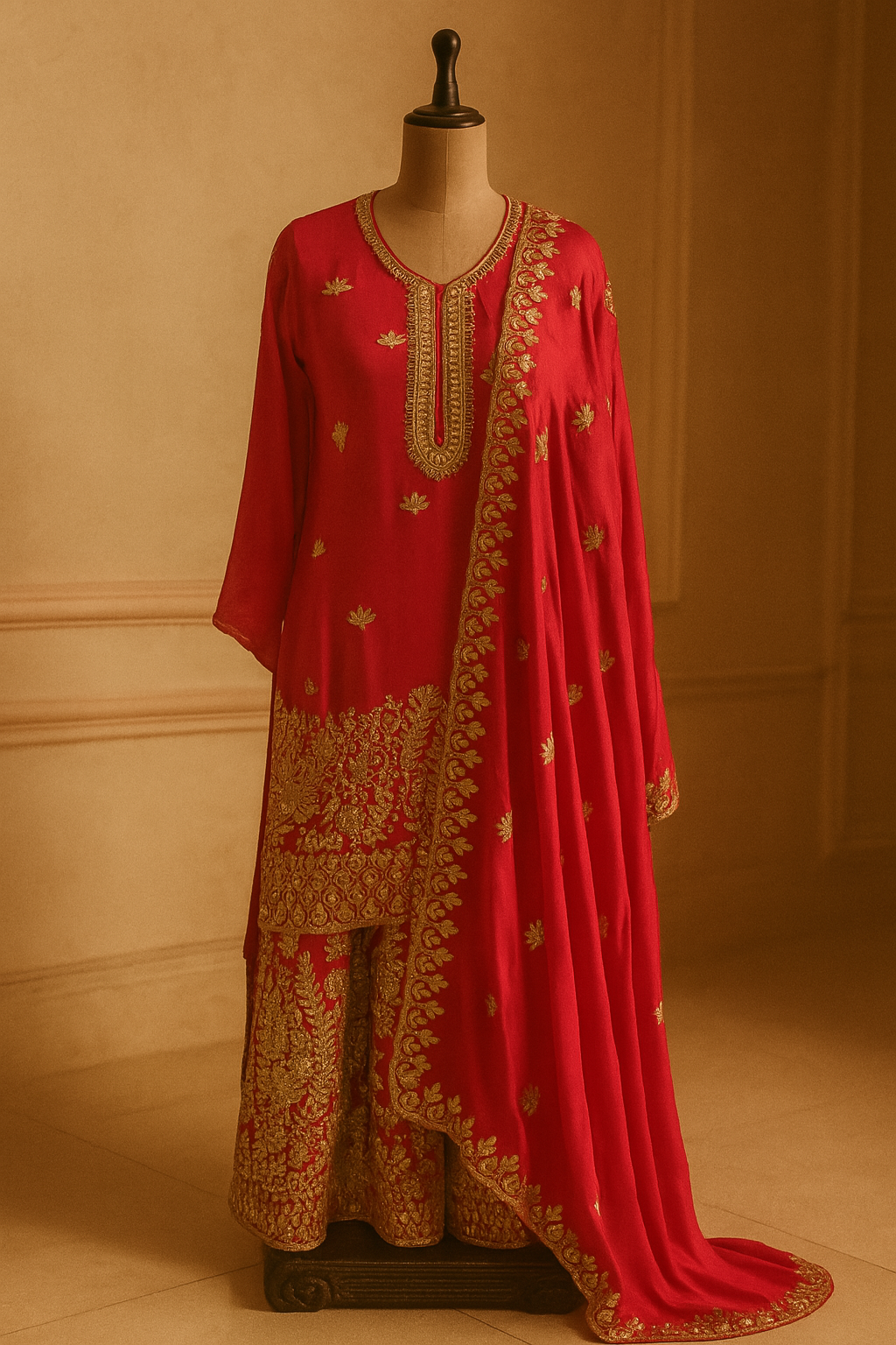 Semi-Stitched Chiffon Kurti with Palazzo & Dupatta in Deep Pink