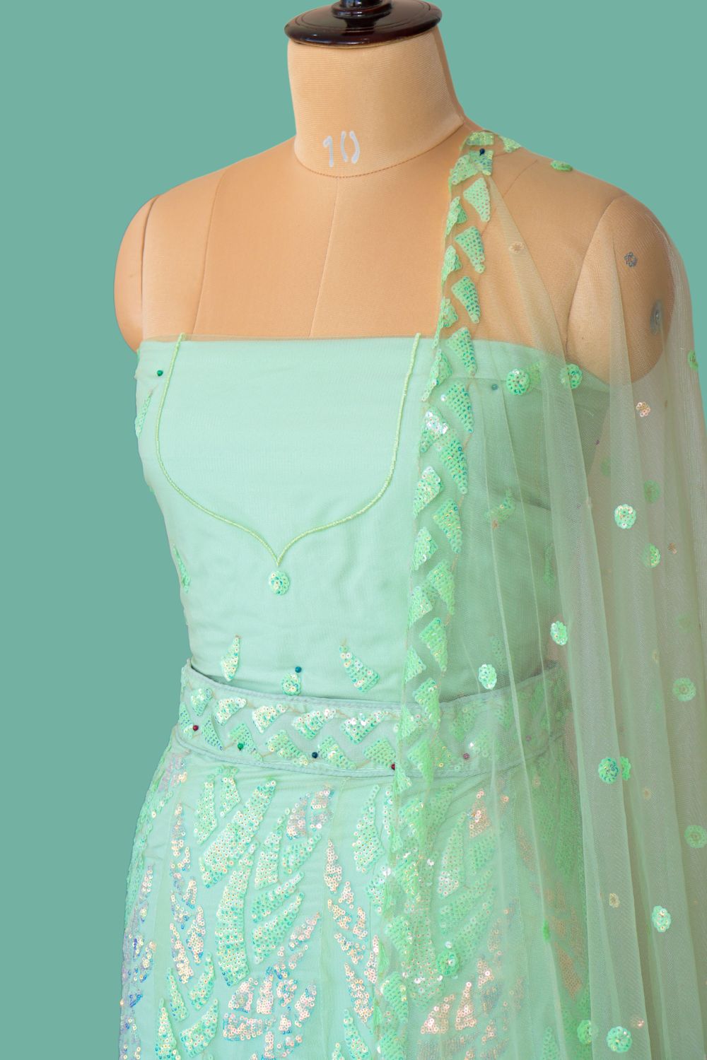 Velvet Mint Green Sequin Bridal Lehenga