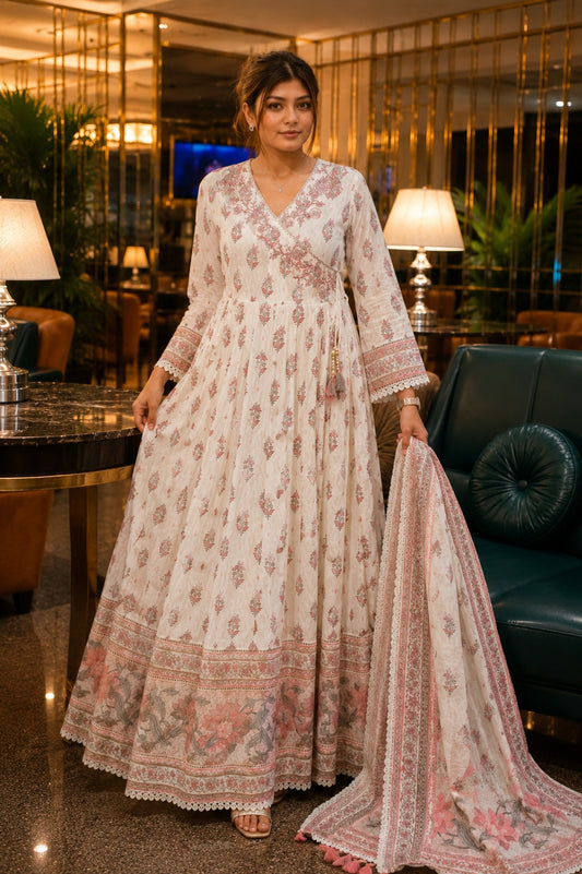 Off White Floral Printed Cotton Anarkali Suit Set with Dupatta