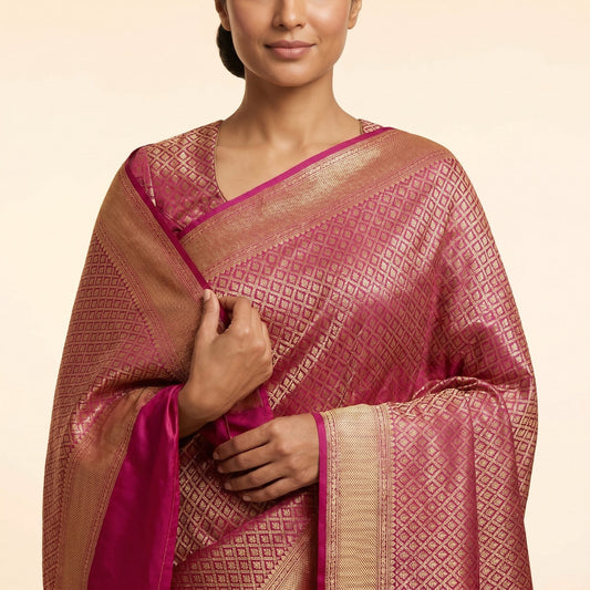 Magenta Pink Banarasi Silk Saree on model - detail