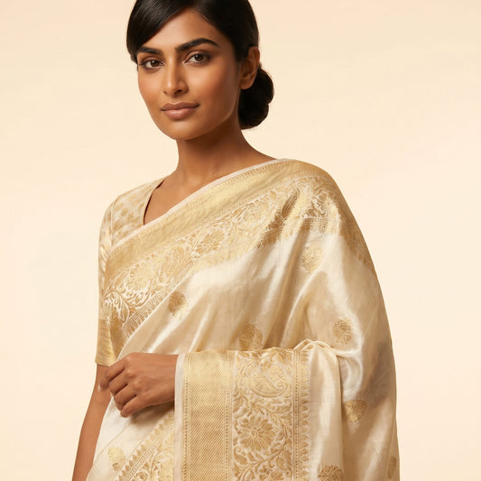 Off-White Silk Saree on model - detail