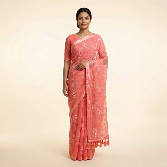 Radiant Orange Chiffon Saree (b) on model - detail
