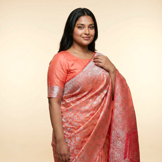 Peach Silk Saree on model - detail