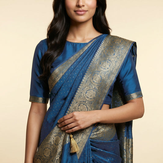 Teal Blue Silk Saree on model - detail