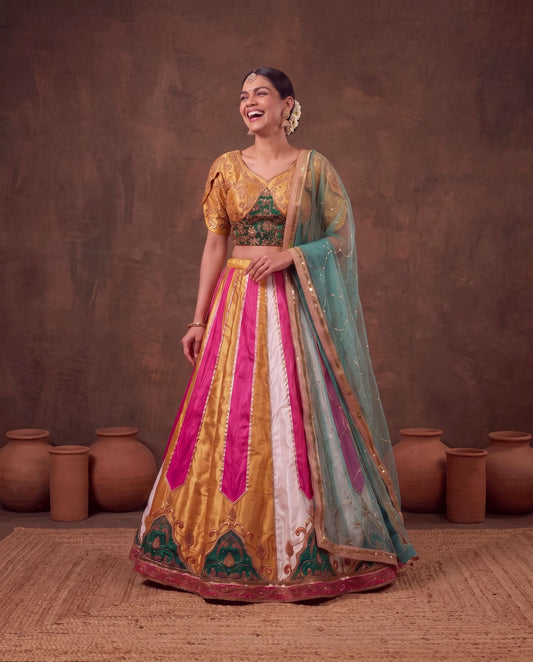 Multicolour raw silk lehenga set, front with dupatta