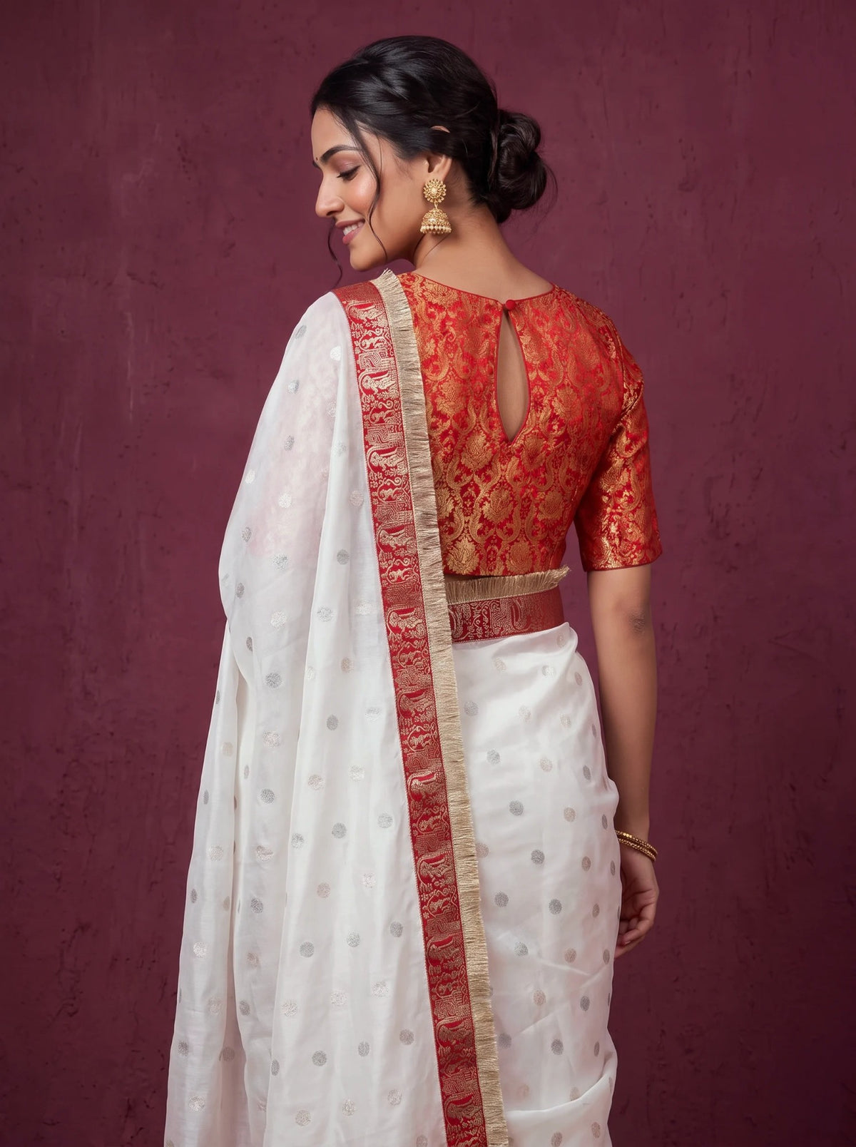Red brocade blouse, back with keyhole