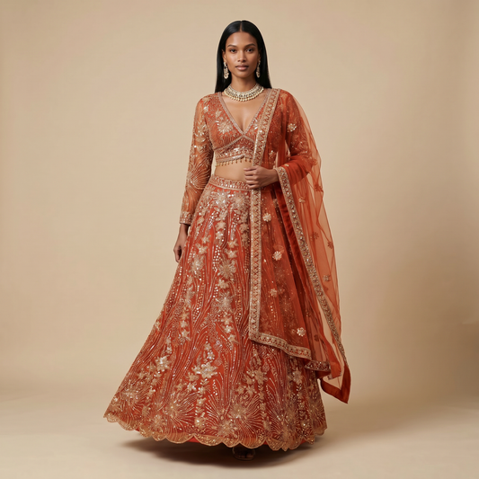 Orange Lehenga with Sequin