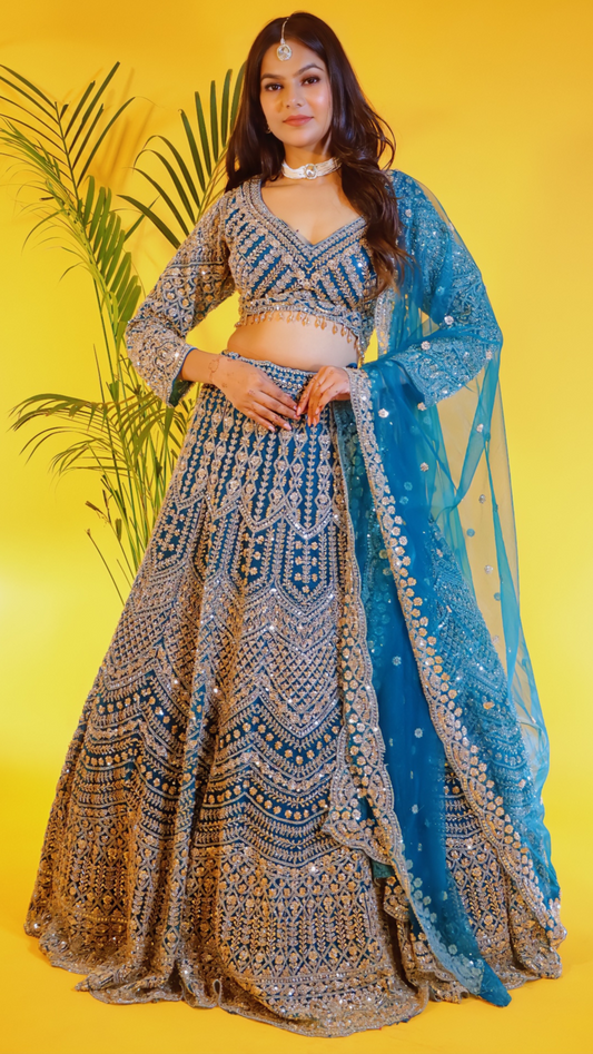 Aqua Blue Net Crop Top Lehenga from House of Daisy