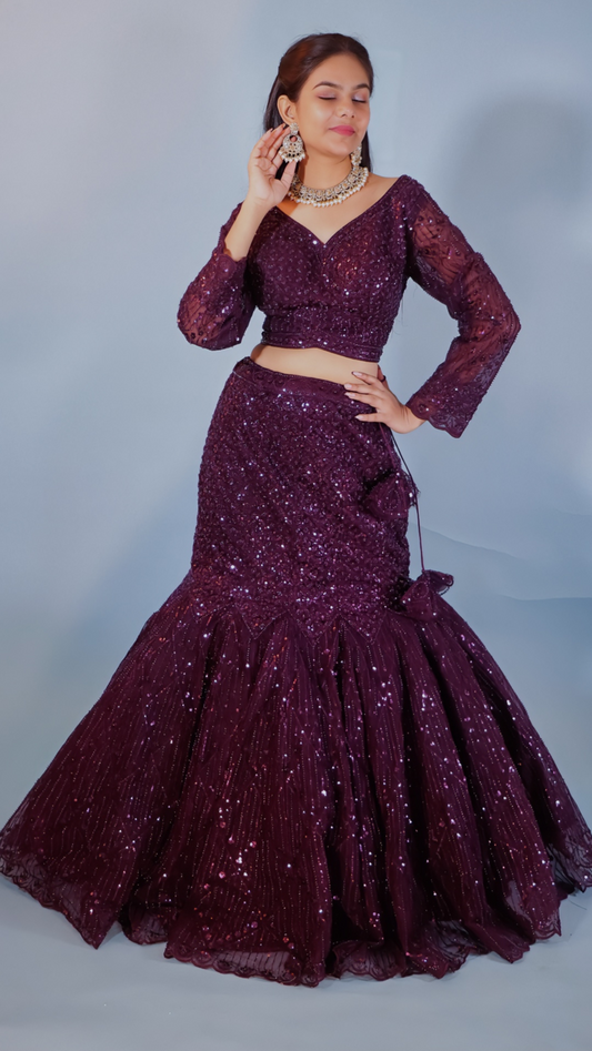 Wine Fish Cut Lehenga from House of Daisy