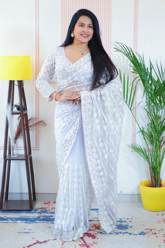 Elegant Grey Net Embroidered Saree from House of Daisy
