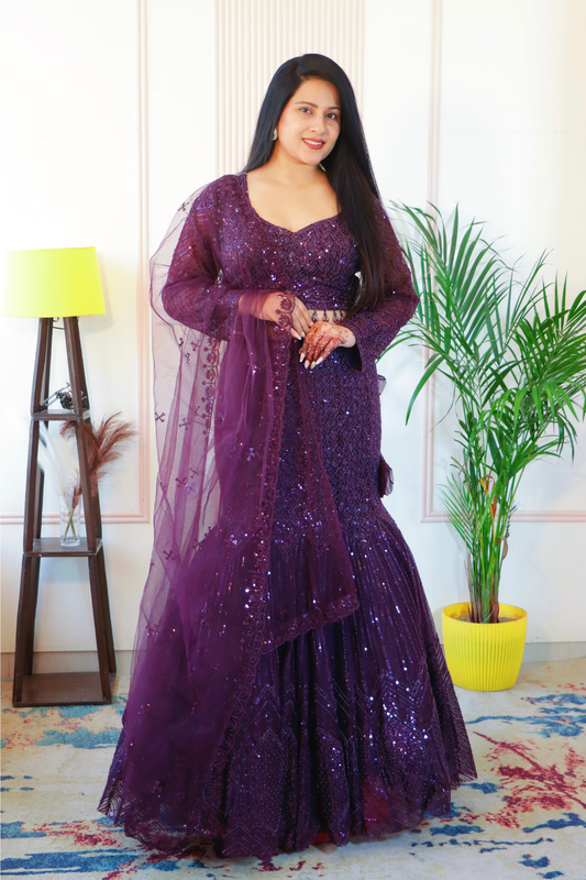 Wine Net Fish Cut Lehenga from House of Daisy