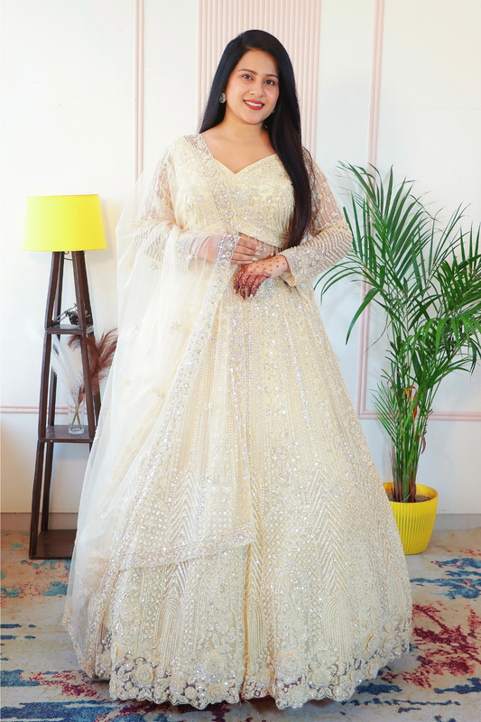 Elegant Cream Net Lehenga from House of Daisy