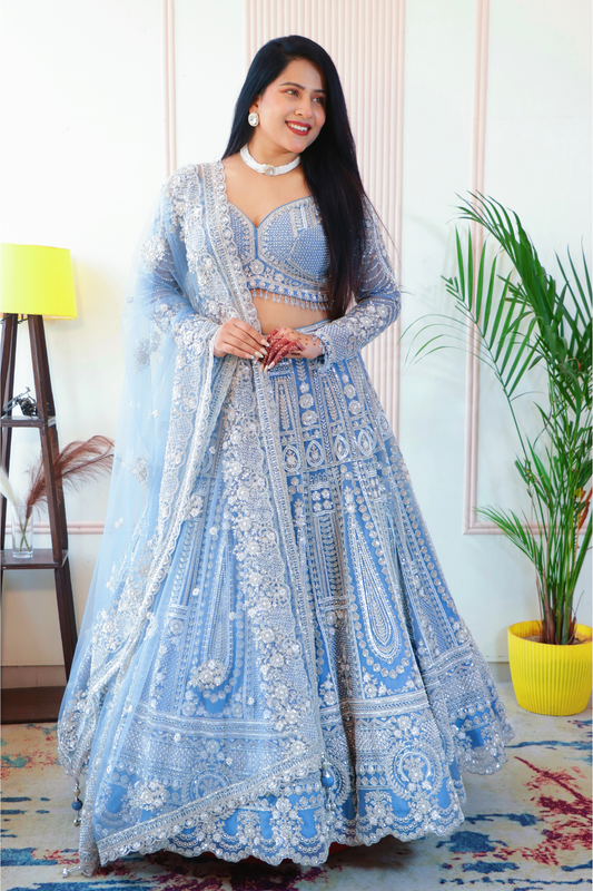 Teal Blue Sparkle Crop Top Lehenga from House of Daisy