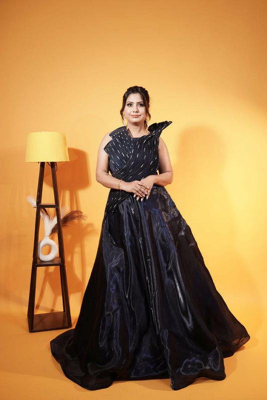 Dark blue gown for a wedding reception, House of Daisy