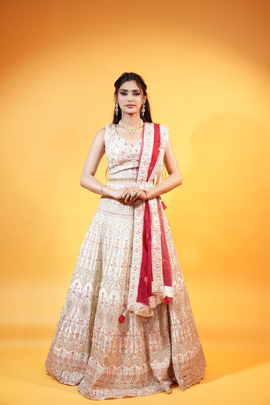 Off White Lehenga with Pink Dupatta from House of Daisy