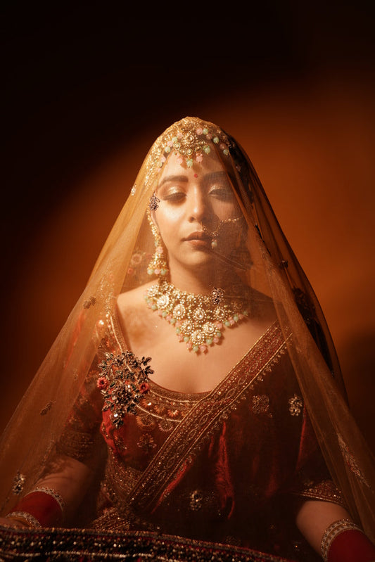 Maroon bridal lehenga with double dupatta, House of Daisy