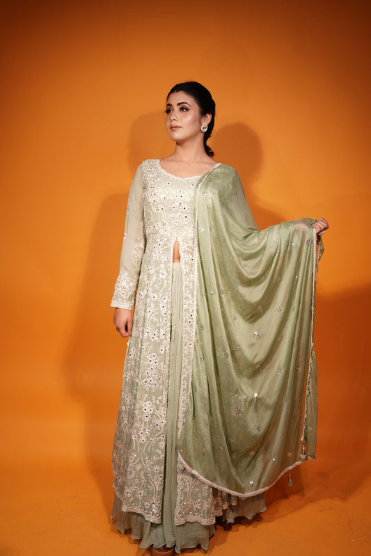 Front slit anarkali paired with a lehenga, for a bridesmaid or sister of the bride